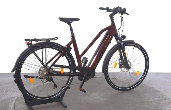 Dunkelbraunes E-Bike mit modernem Design und Gepäckträger.