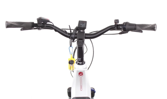 Victoria Tresalo 15 City Trekking E-Bike (18) Blick von vorne auf den Lenker eines Fahrrads mit Bedienelementen.